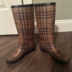 Burberry Beige & Brown Plaid Knee-High Rain Boots
